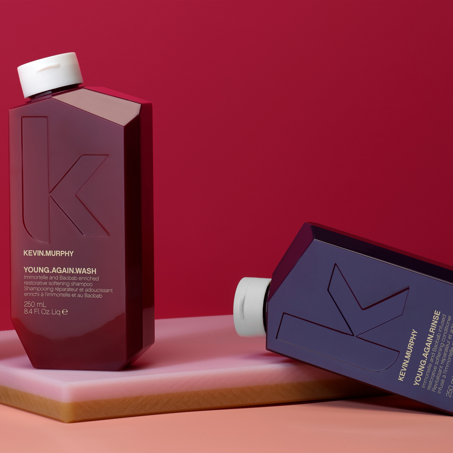 KEVIN.MURPHY YOUNG.AGAIN.WASH & RINSE on a peach and red background.